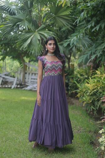 Wine Faux Georgette Sequins & Embroidered Gown     Party Wear