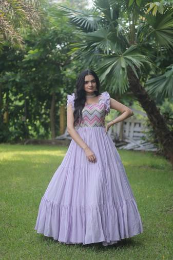 Purple Faux Georgette Sequins & Embroidered Gown     Party Wear