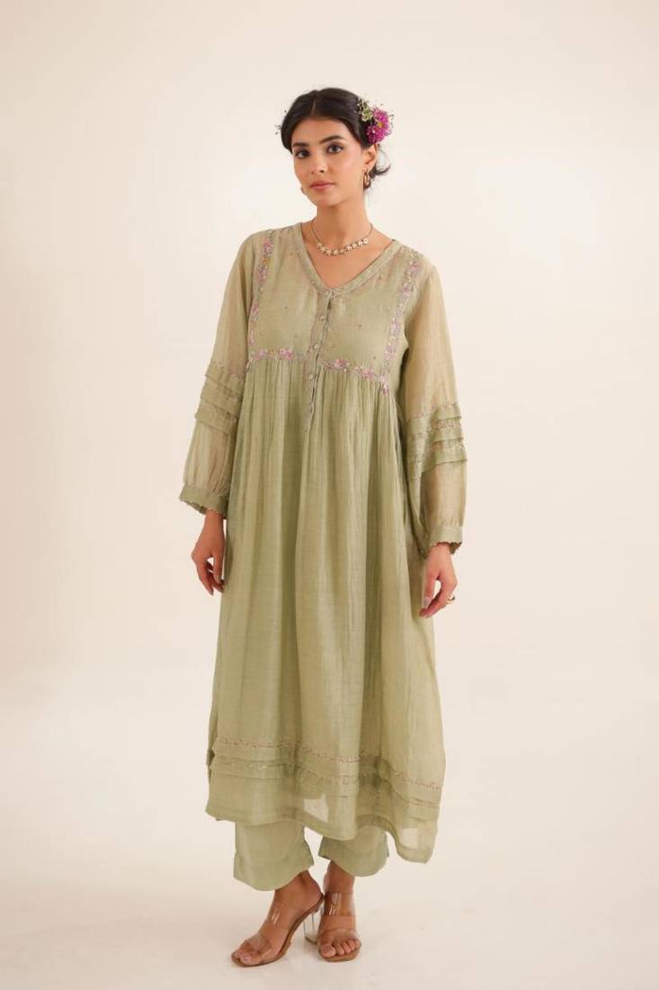 Aqua green pleated sleeve dress set