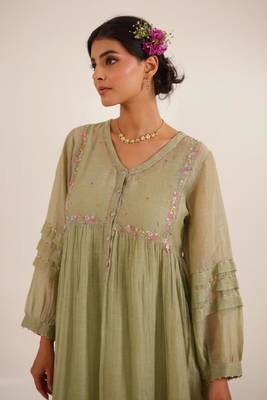 Aqua green pleated sleeve dress set 2