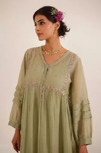 Aqua green pleated sleeve dress set