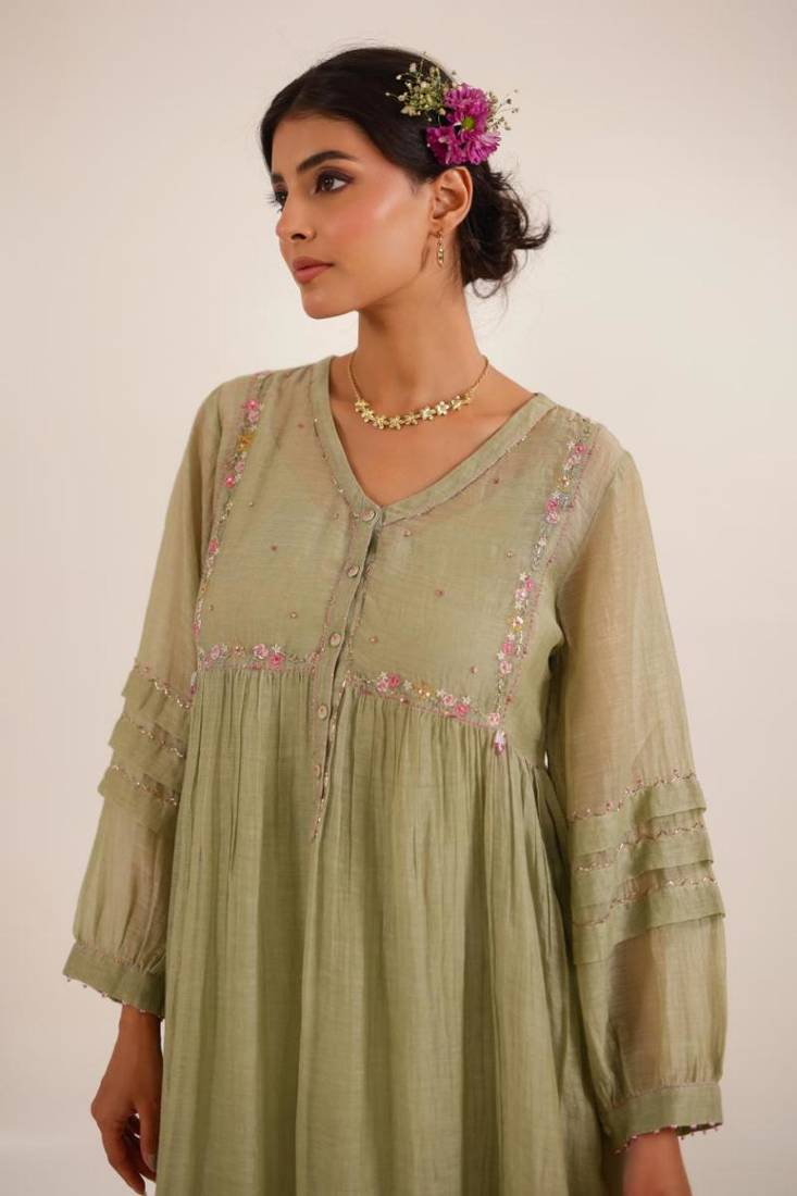 Aqua green pleated sleeve dress set