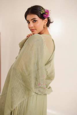 Aqua green pleated sleeve dress set 3