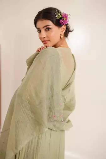 Aqua green pleated sleeve dress set