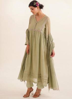 Aqua green pleated sleeve dress set 4