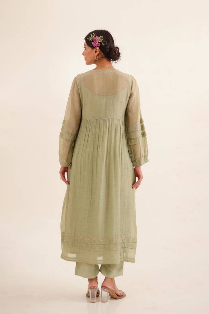 Aqua green pleated sleeve dress set