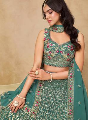 TURQUOISE SEQUINS & THREAD EMBROIDERED LEHENGA CHOLI 6