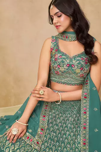 TURQUOISE SEQUINS & THREAD EMBROIDERED LEHENGA CHOLI