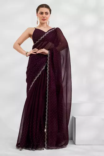 Wine embellished shimmer art silk beads and stones saree with blouse