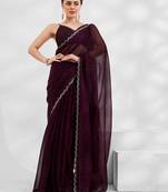 Wine embellished shimmer art silk beads and stones saree with blouse