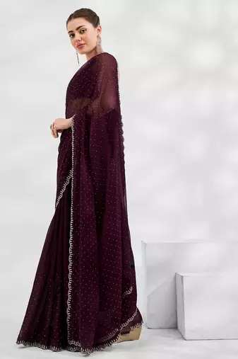 Wine embellished shimmer art silk beads and stones saree with blouse
