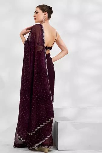 Wine embellished shimmer art silk beads and stones saree with blouse