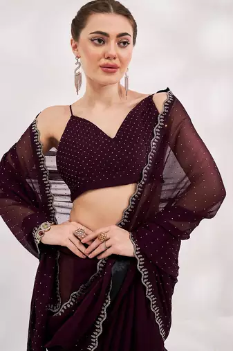 Wine embellished shimmer art silk beads and stones saree with blouse