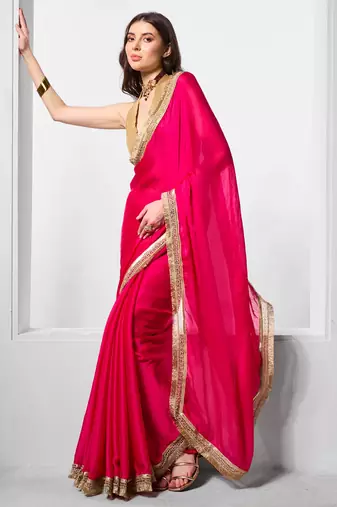 Pink designer chiffon saree with blouse
