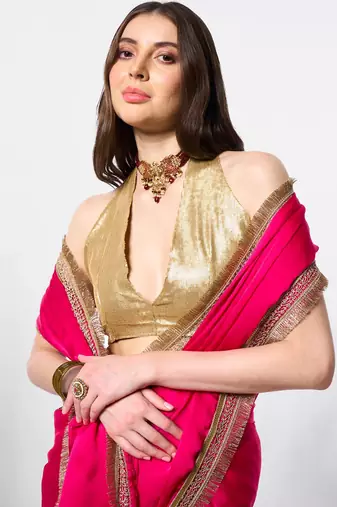 Pink designer chiffon saree with blouse