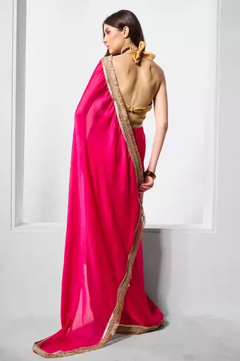 Pink designer chiffon saree with blouse
