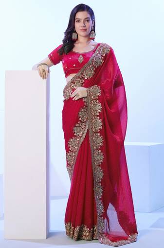 Red embellished embroidered satin saree with blouse