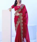 Red embellished embroidered satin saree with blouse