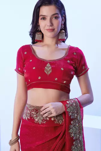 Red embellished embroidered satin saree with blouse