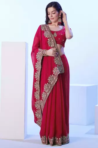 Red embellished embroidered satin saree with blouse