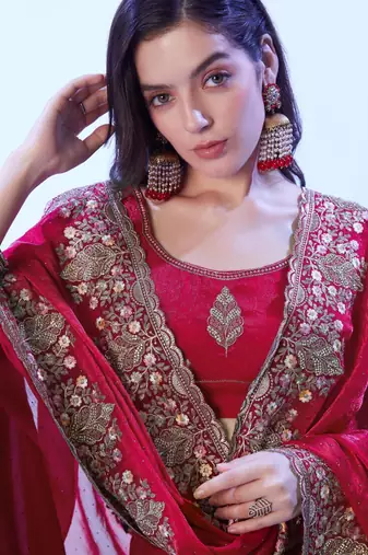 Red embellished embroidered satin saree with blouse