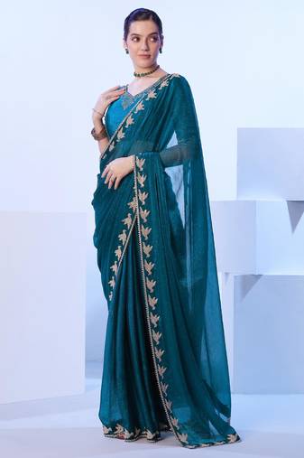 Teal embellished beads and stones saree with blouse