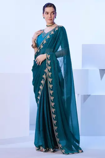 Teal embellished beads and stones saree with blouse