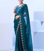 Teal embellished beads and stones saree with blouse