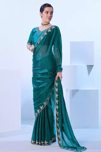 Teal embellished beads and stones saree with blouse