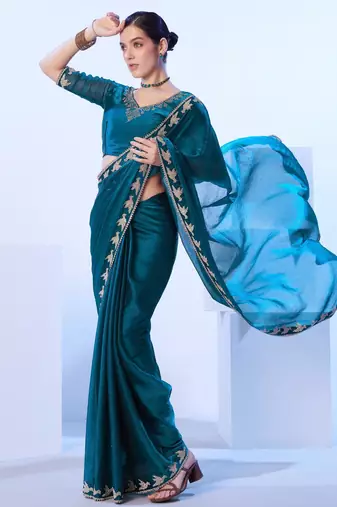 Teal embellished beads and stones saree with blouse