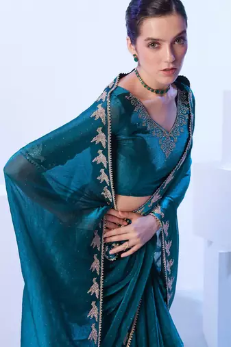 Teal embellished beads and stones saree with blouse