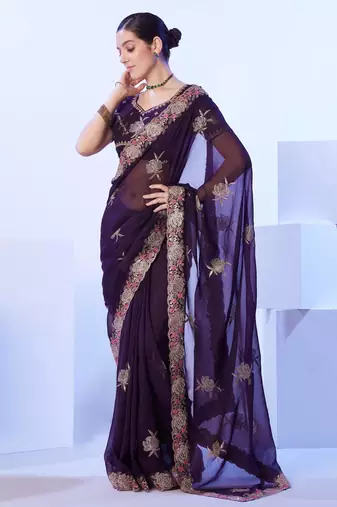 wine embellished chiffon saree with blouse