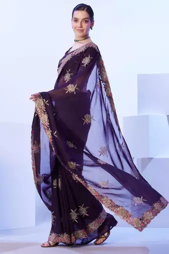wine embellished chiffon saree with blouse