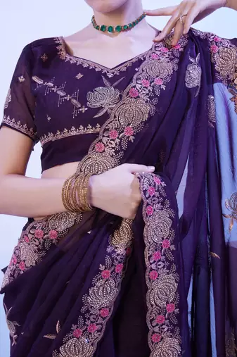 wine embellished chiffon saree with blouse