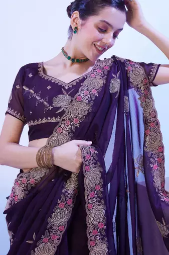 wine embellished chiffon saree with blouse