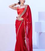 Red mirror work lace embellished saree with blouse
