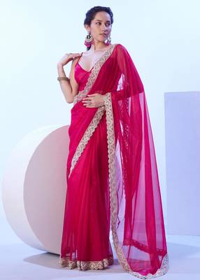 Red embellished beads and stones saree with blouse 1
