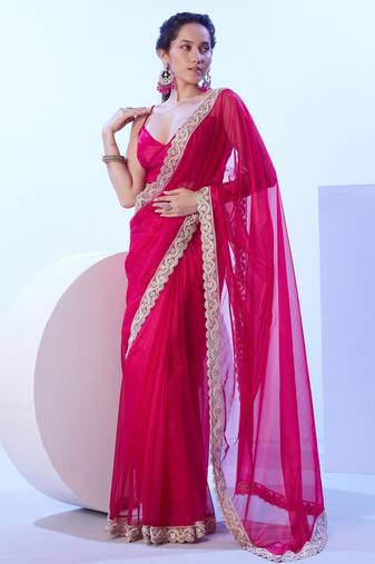 Red embellished beads and stones saree with blouse