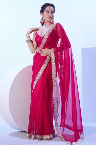 Red embellished beads and stones saree with blouse