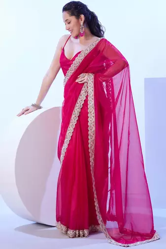 Red embellished beads and stones saree with blouse