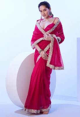 Red embellished beads and stones saree with blouse 4