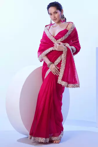 Red embellished beads and stones saree with blouse