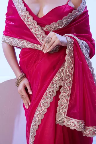Red embellished beads and stones saree with blouse