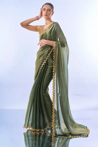 Green sequinned organza designer saree with blouse