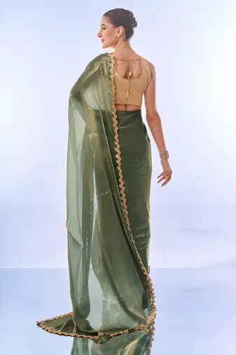 Green sequinned organza designer saree with blouse