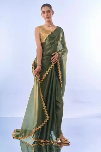 Green sequinned organza designer saree with blouse