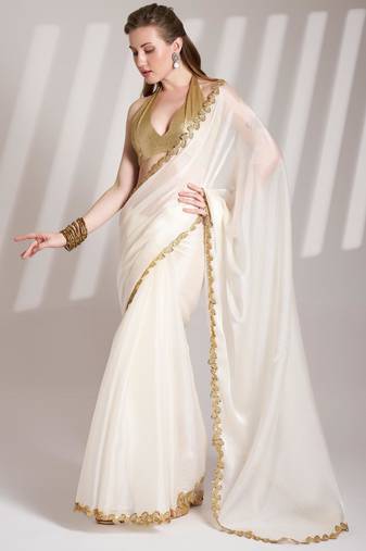 Off white embellished sequinned organza saree with blouse