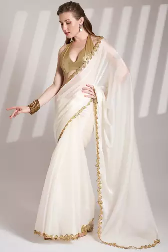 Off white embellished sequinned organza saree with blouse