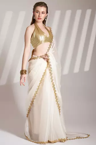 Off white embellished sequinned organza saree with blouse