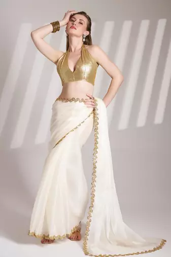 Off white embellished sequinned organza saree with blouse